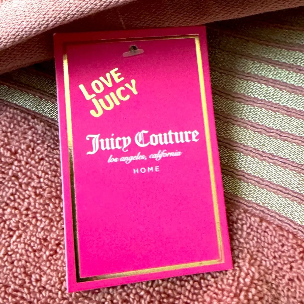 Plush Bath Towel Set by Juicy Couture Home - Coral with Gold Striped Border